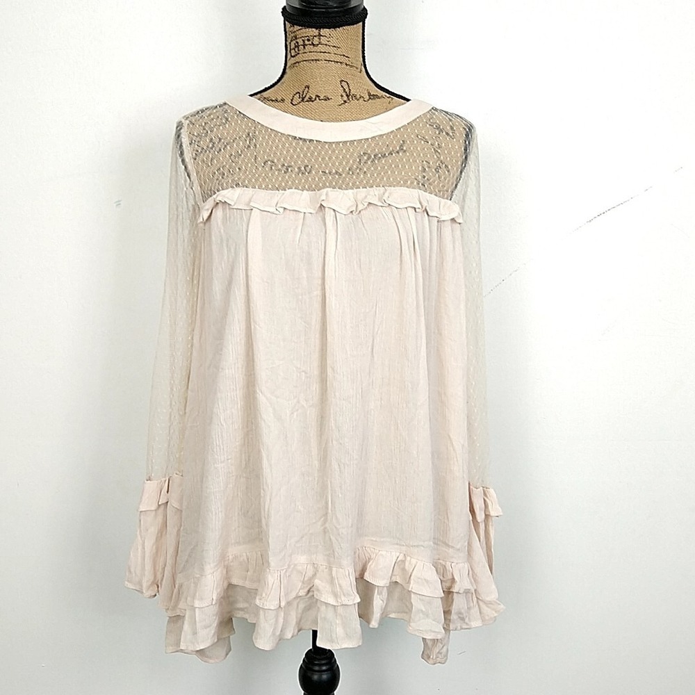 Pink Blush Ruffle Top Sheer Yoke Boho Peasant Blouse Long Sleeve sz M